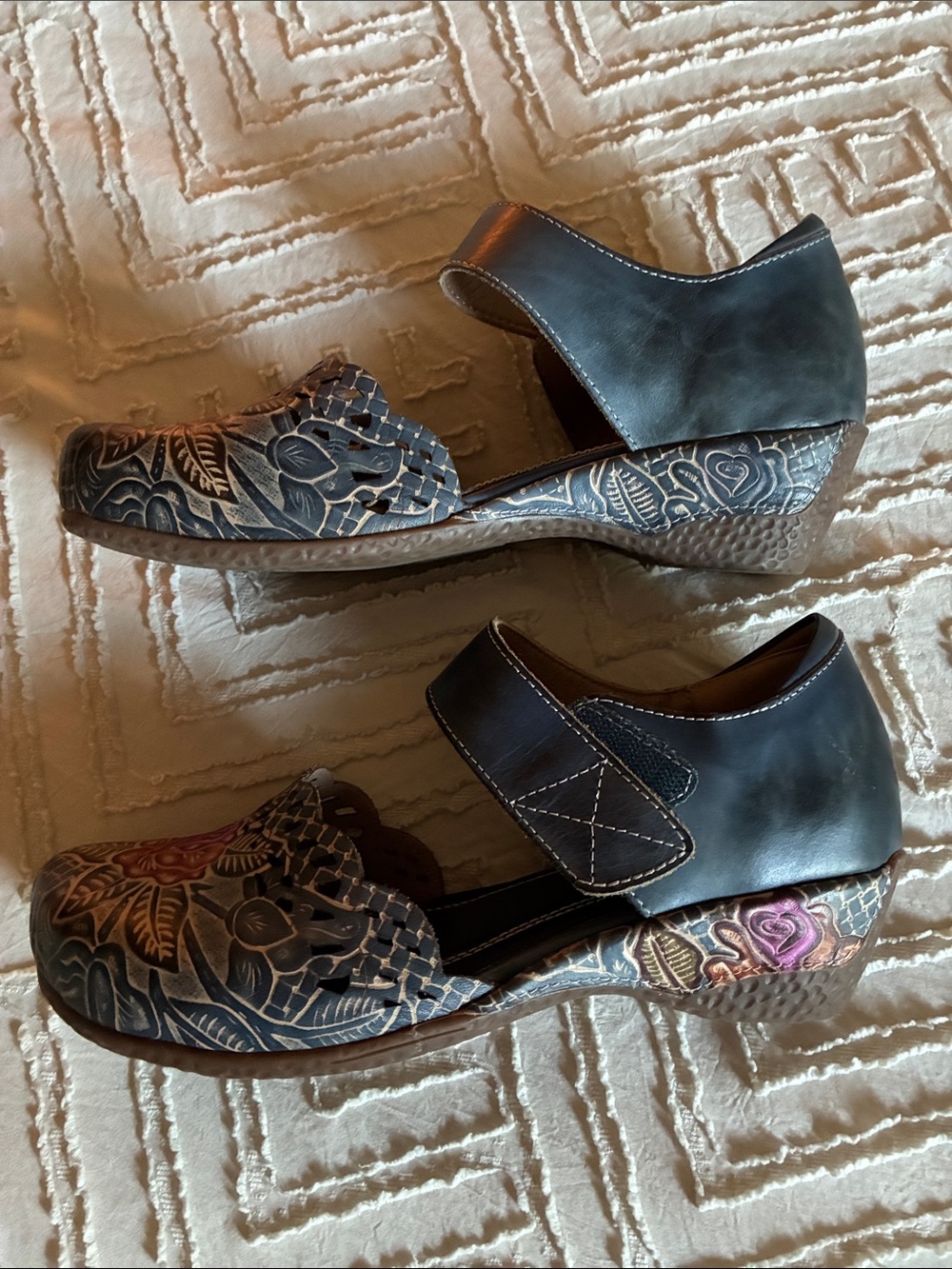 L'ATISTE Navy Leather Mary Janes with Pink & Orange Floral Emboss - Picture 2 of 11